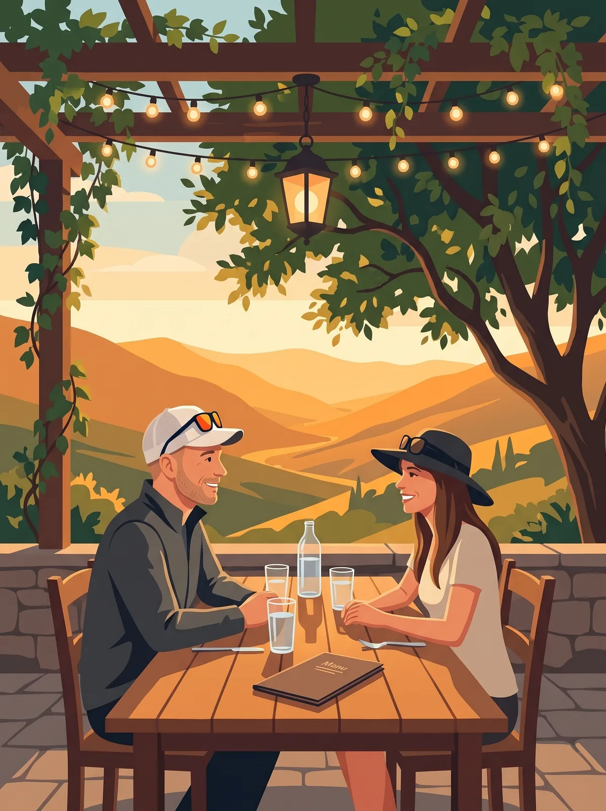 Illustration of the two authors having dinner under a vine pergola at sunset.