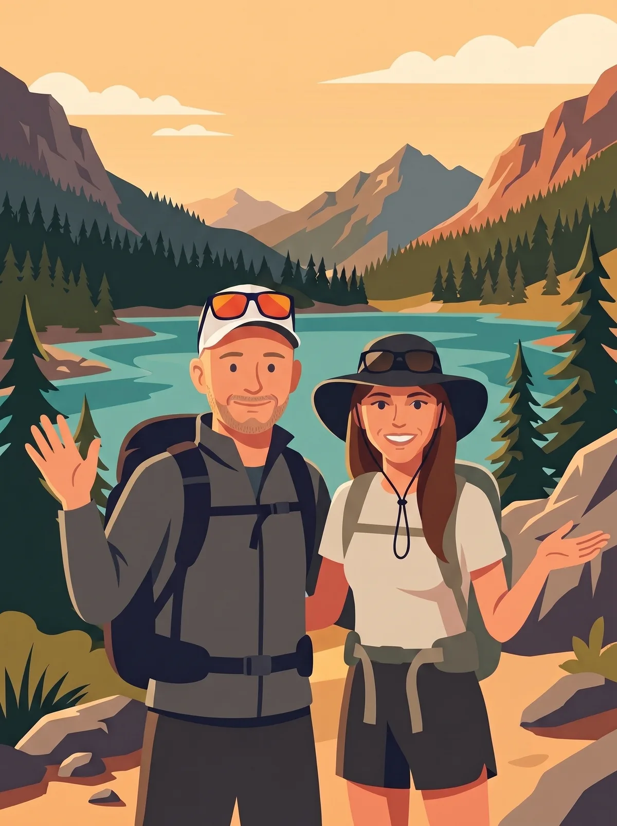 Illustration of the two authors inviting you to join them at golden hour on a lake shore.