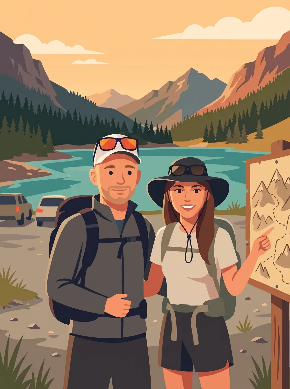 Illustration of the two authors reading a trail map on an information board at a mountain car park.