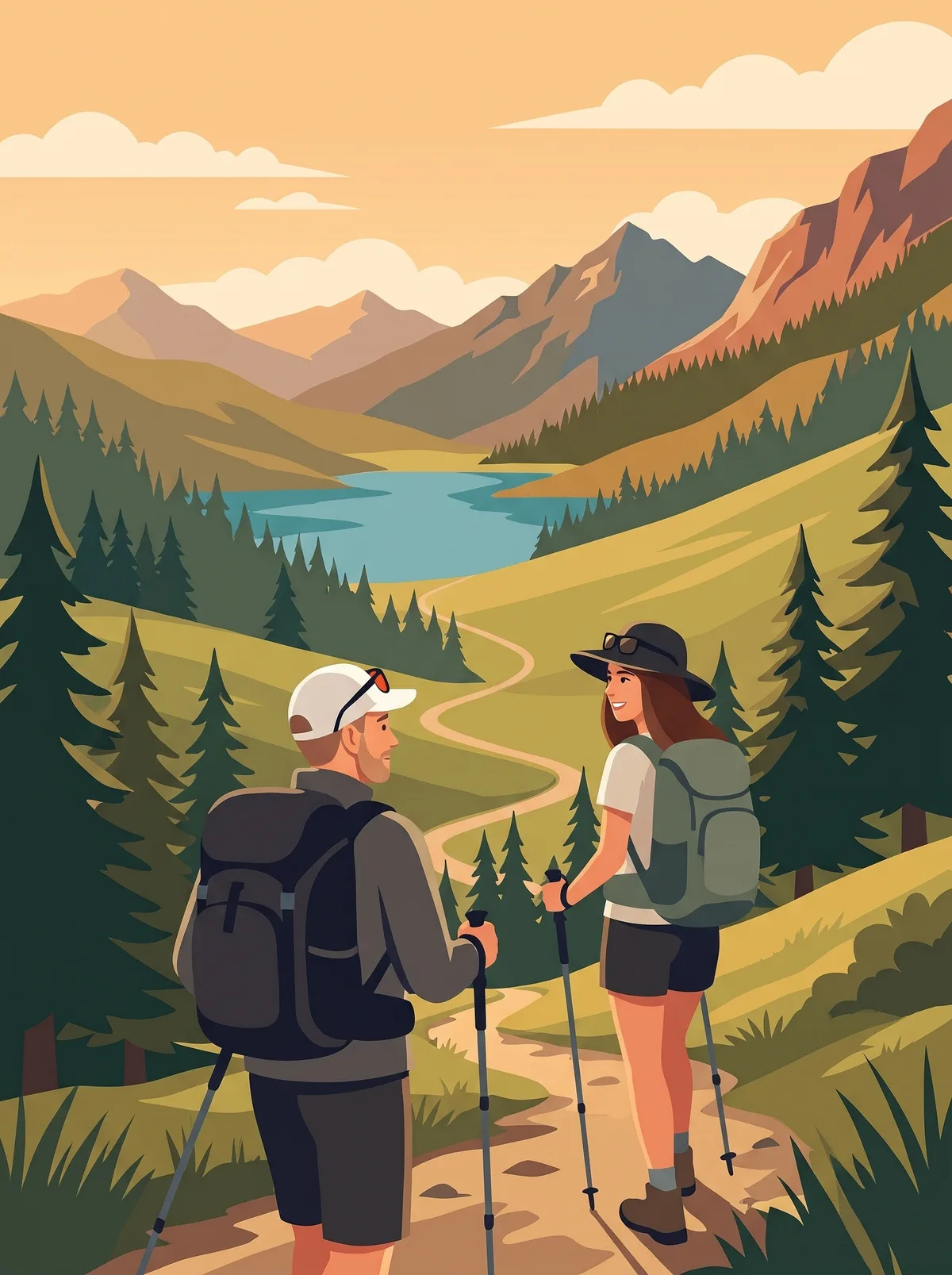 Illustration of two hikers climbing a trail through pines to open slopes.