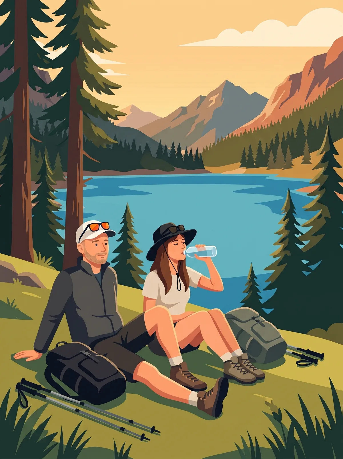 Illustration of the two authors resting on the grass under pines beside a big blue lake.