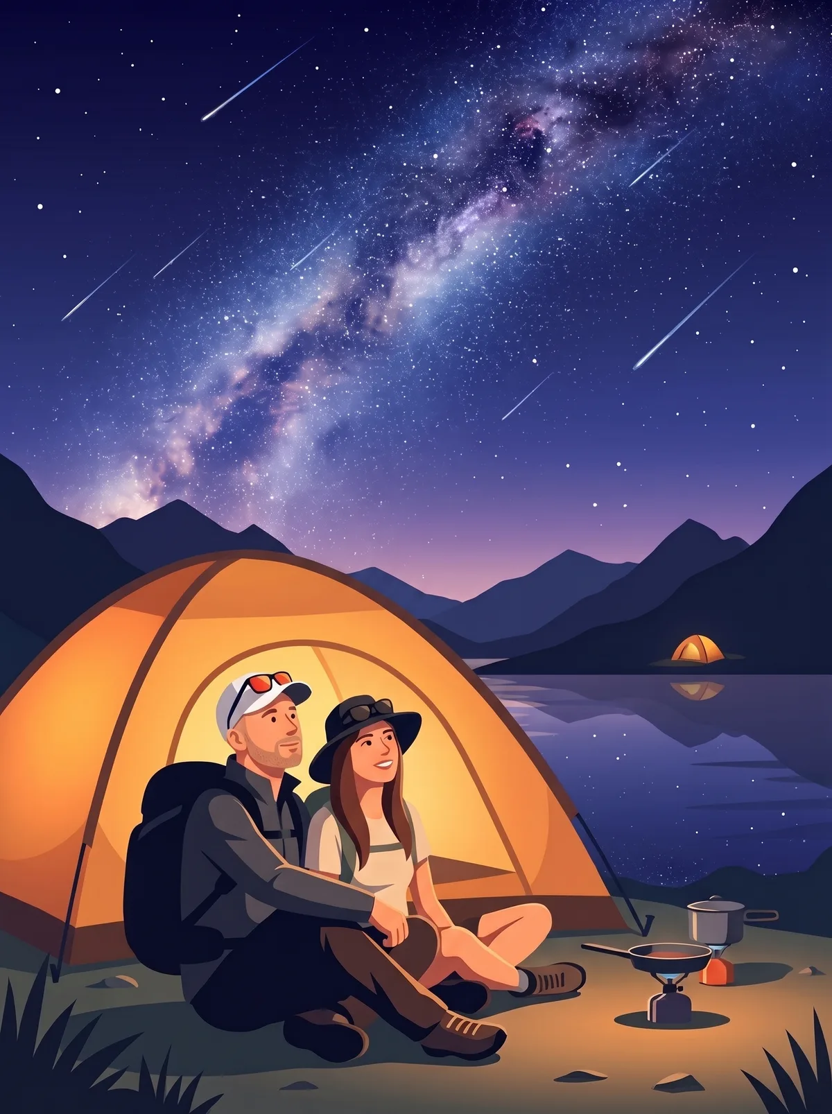 Illustration of the two authors sitting by their tents under the Milky Way with shooting stars.