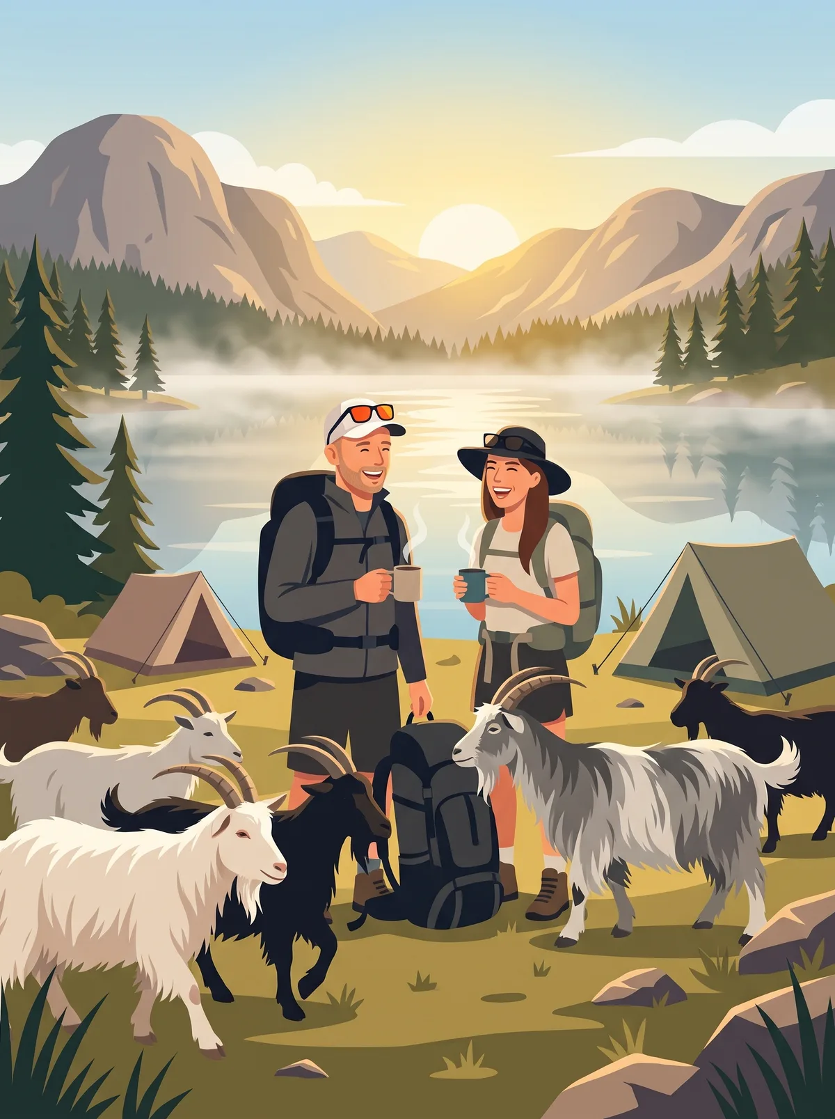 Illustration of the two authors with coffee mugs while a flock of goats walks through their lakeside camp.
