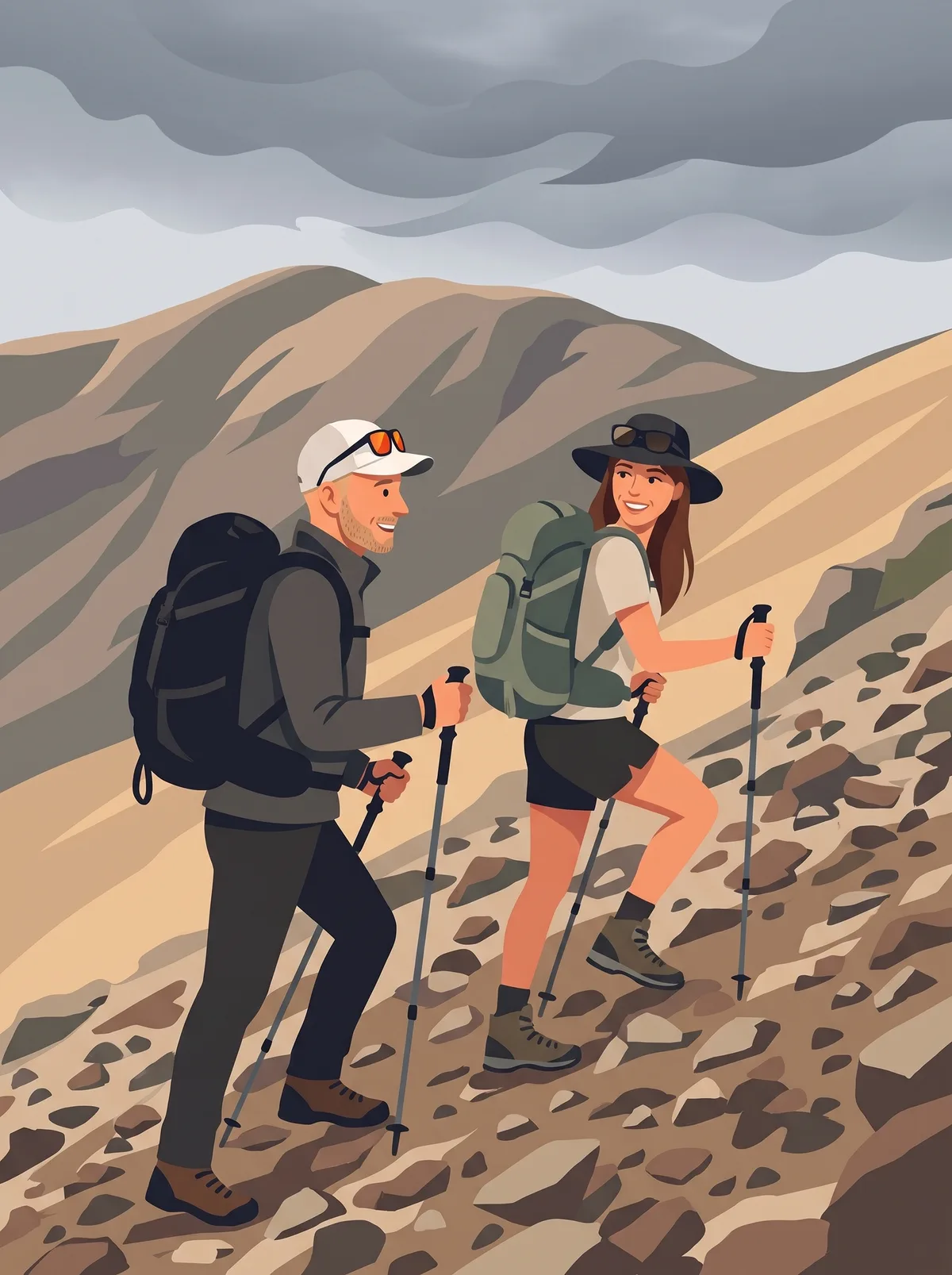 Illustration of the two authors climbing a steep rocky slope under a cloudy sky.