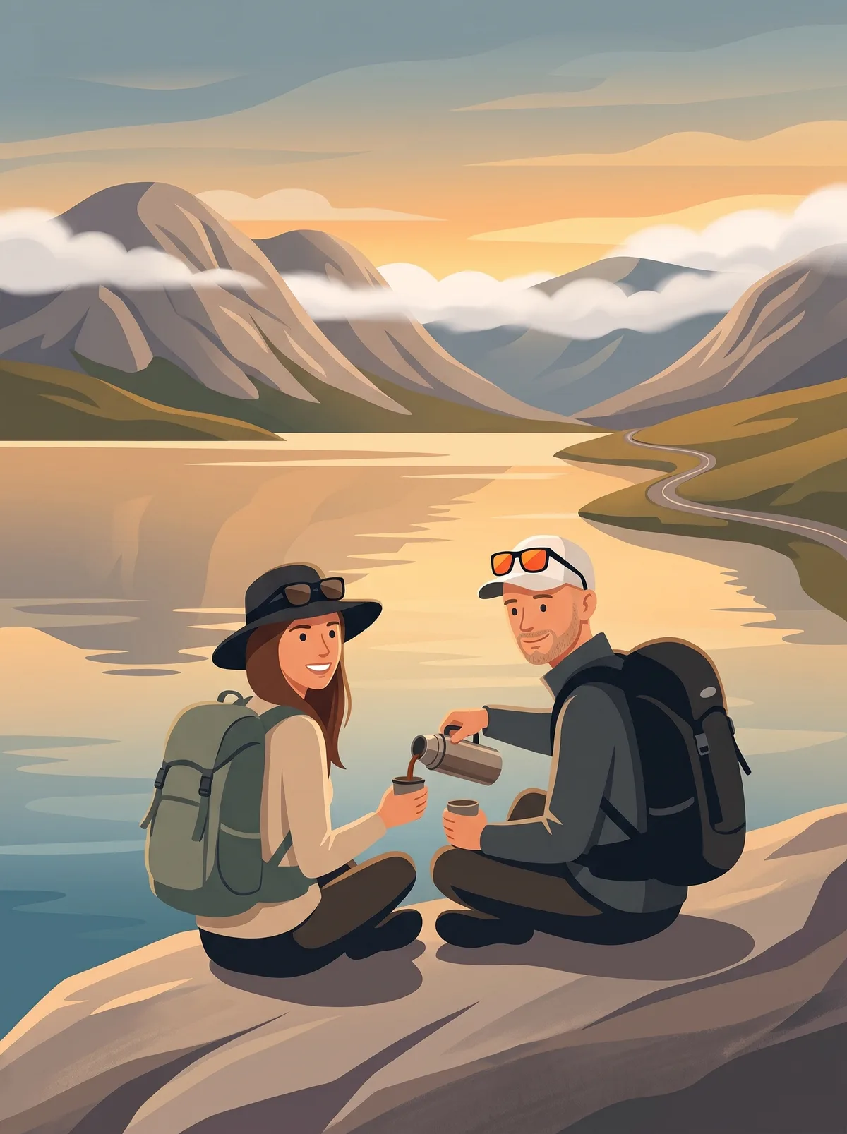 Illustration of the two authors sharing coffee on a rock by a calm lake, mountains behind.