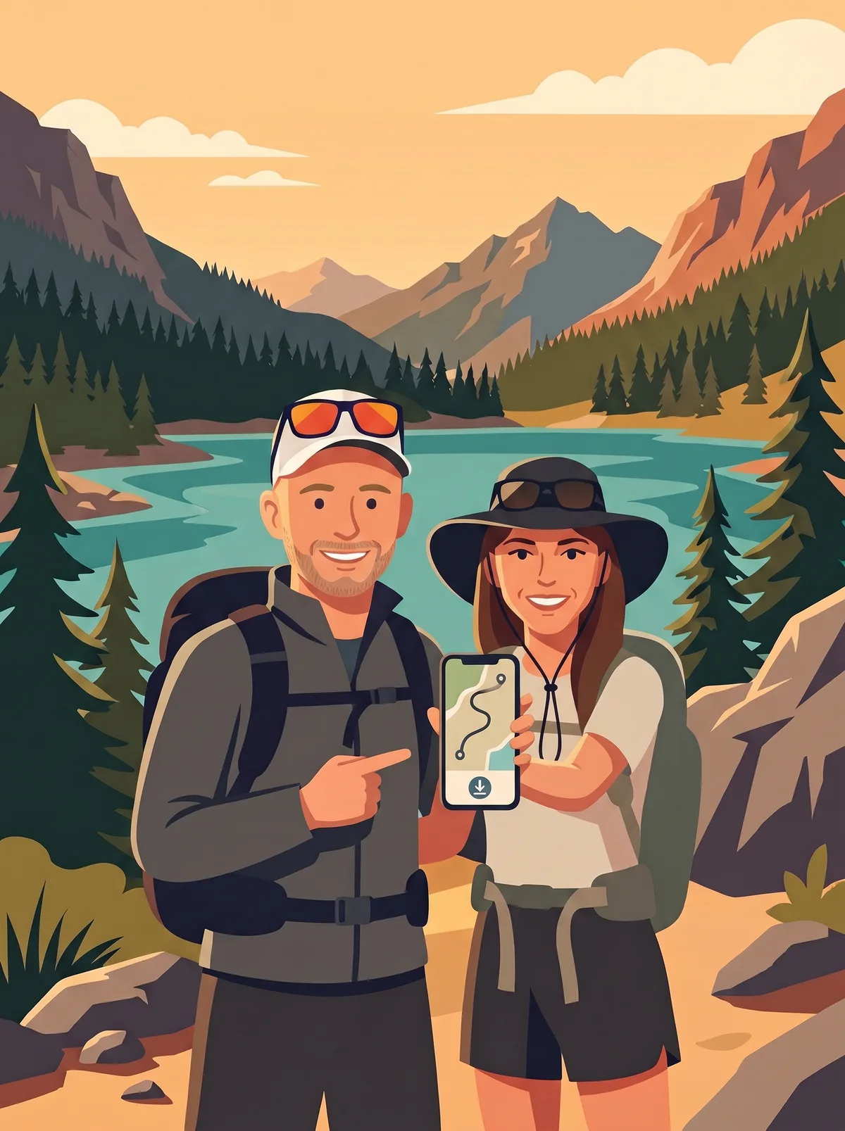 Illustration of a hiker opening a guide on a phone.